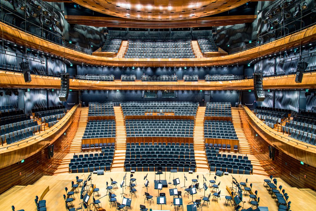 notions d'acoustique : vue intérieure d'une salle de concert philharmonique